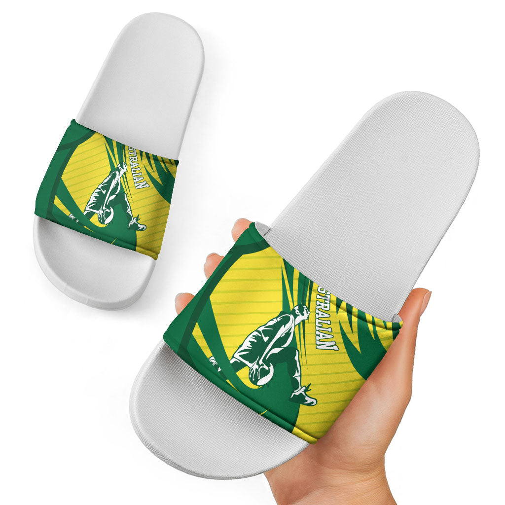 Australian Opals Basketball Slide Sandals Green and Gold Tribal Pattern Athletic Abstract Art