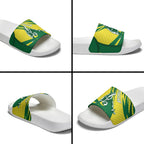 Australian Opals Basketball Slide Sandals Green and Gold Tribal Pattern Athletic Abstract Art