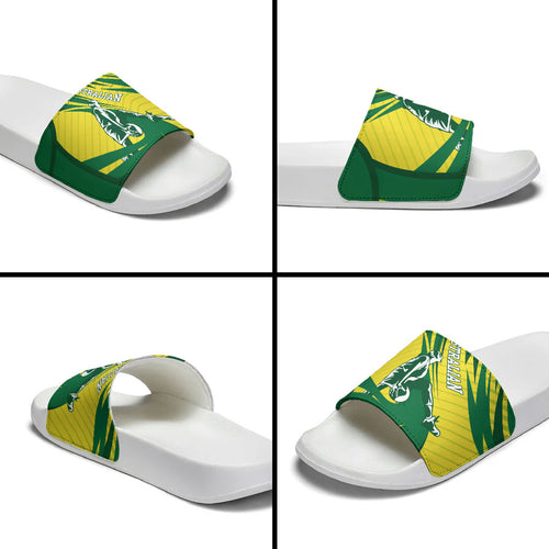 Australian Opals Basketball Slide Sandals Green and Gold Tribal Pattern Athletic Abstract Art