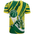 Australian Opals Basketball T Shirt Green and Gold Tribal Pattern Athletic Abstract Art