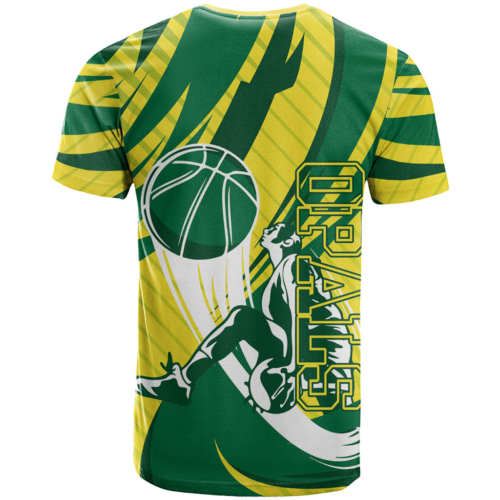 Australian Opals Basketball T Shirt Green and Gold Tribal Pattern Athletic Abstract Art