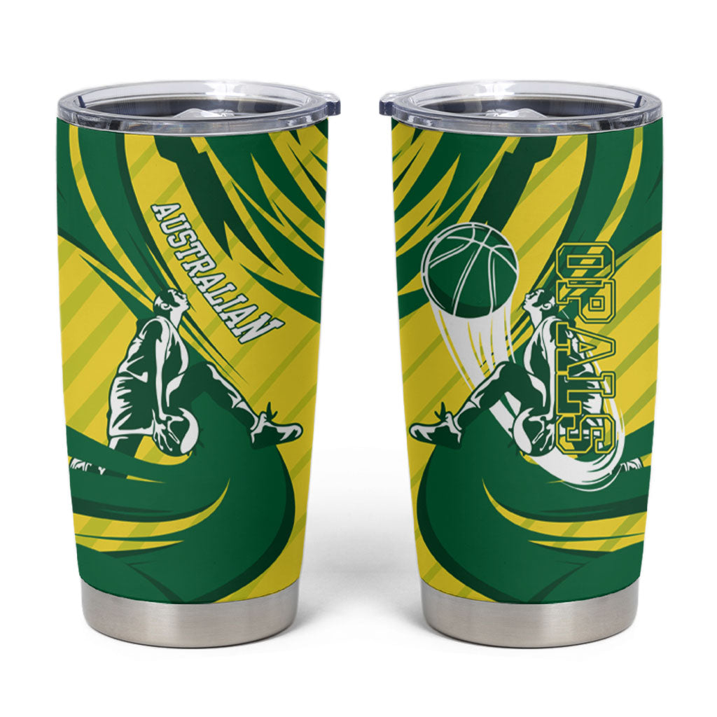 Australian Opals Basketball Tumbler Cup Green and Gold Tribal Pattern Athletic Abstract Art