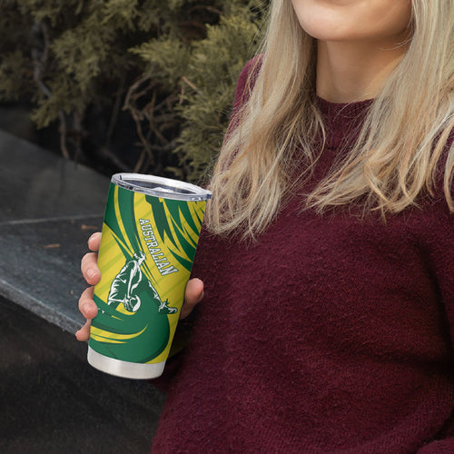 Australian Opals Basketball Tumbler Cup Green and Gold Tribal Pattern Athletic Abstract Art