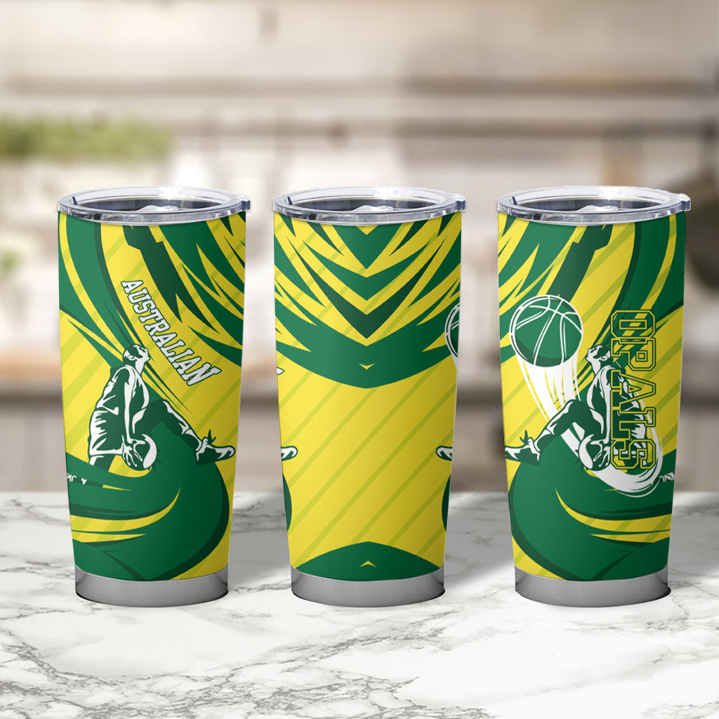 Australian Opals Basketball Tumbler Cup Green and Gold Tribal Pattern Athletic Abstract Art