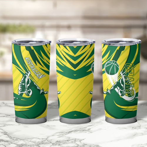 Australian Opals Basketball Tumbler Cup Green and Gold Tribal Pattern Athletic Abstract Art