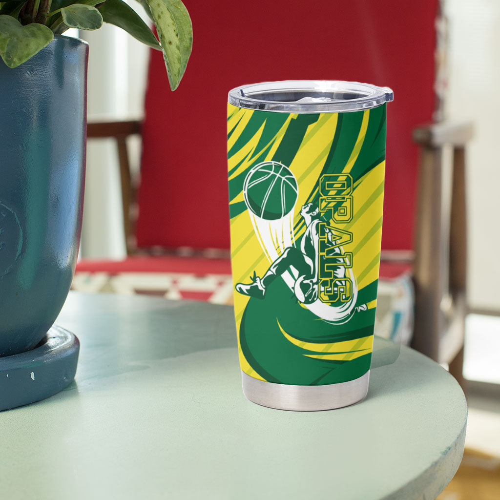Australian Opals Basketball Tumbler Cup Green and Gold Tribal Pattern Athletic Abstract Art
