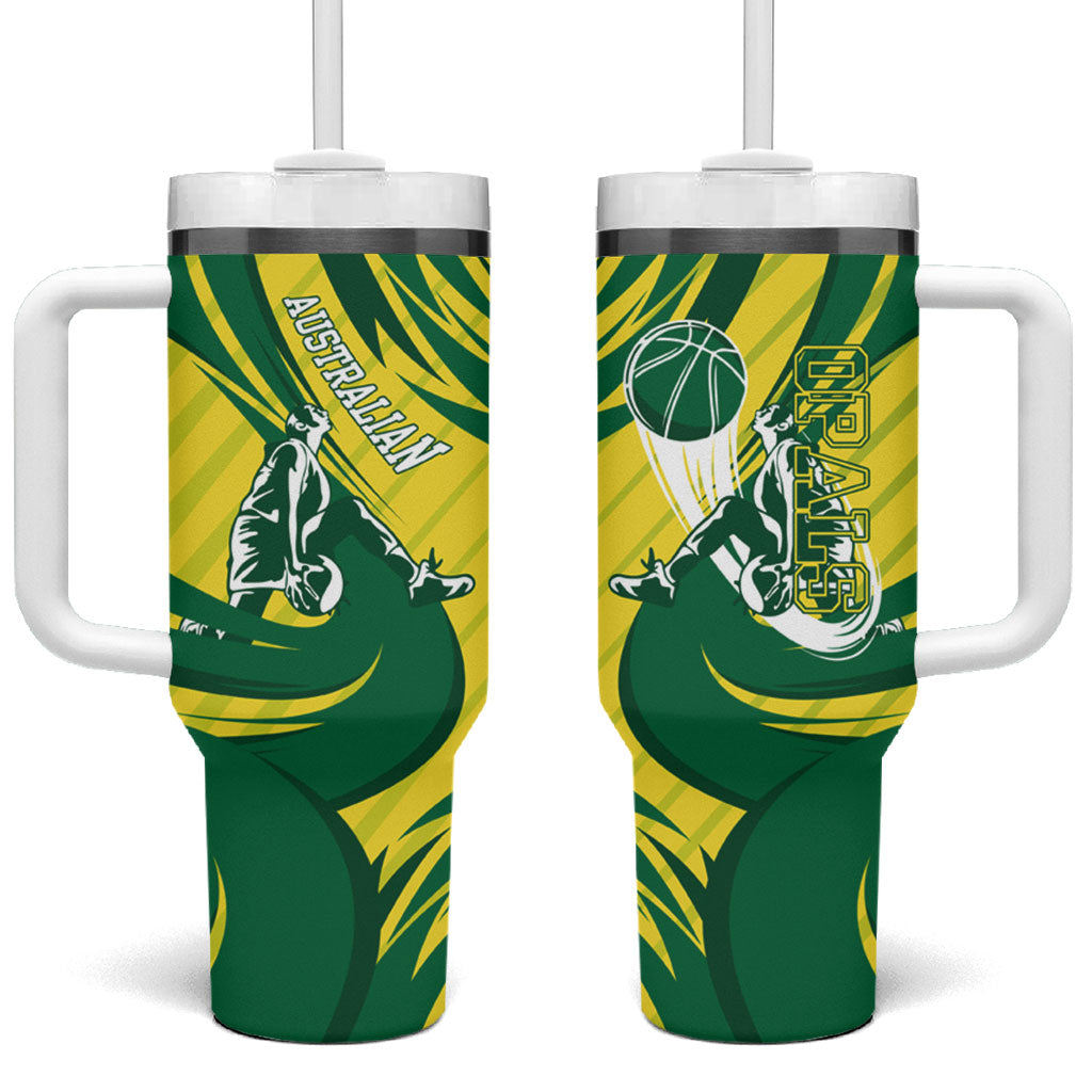 Australian Opals Basketball Tumbler With Handle Green and Gold Tribal Pattern Athletic Abstract Art