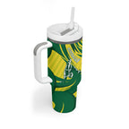 Australian Opals Basketball Tumbler With Handle Green and Gold Tribal Pattern Athletic Abstract Art
