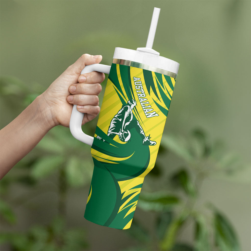 Australian Opals Basketball Tumbler With Handle Green and Gold Tribal Pattern Athletic Abstract Art