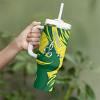 Australian Opals Basketball Tumbler With Handle Green and Gold Tribal Pattern Athletic Abstract Art