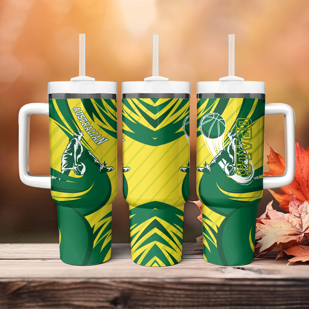 Australian Opals Basketball Tumbler With Handle Green and Gold Tribal Pattern Athletic Abstract Art