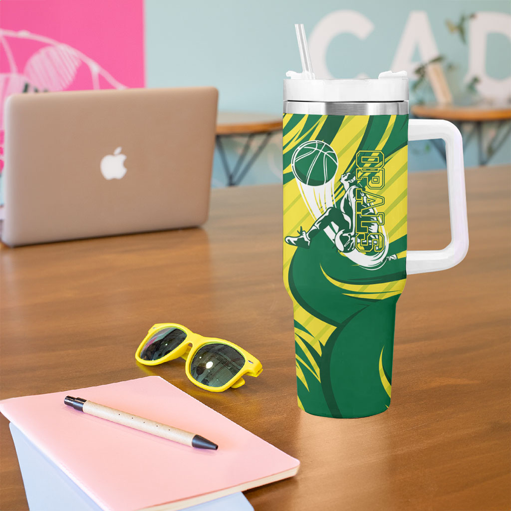 Australian Opals Basketball Tumbler With Handle Green and Gold Tribal Pattern Athletic Abstract Art
