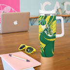 Australian Opals Basketball Tumbler With Handle Green and Gold Tribal Pattern Athletic Abstract Art
