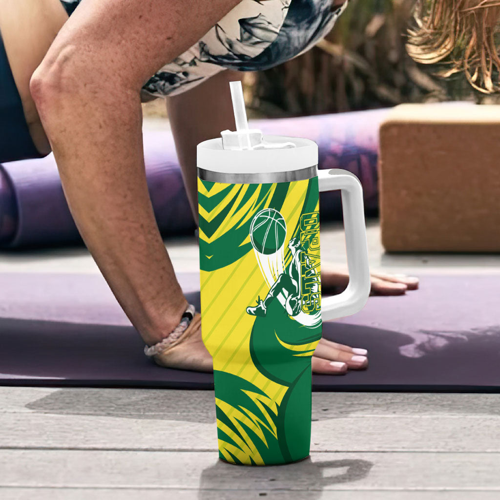 Australian Opals Basketball Tumbler With Handle Green and Gold Tribal Pattern Athletic Abstract Art
