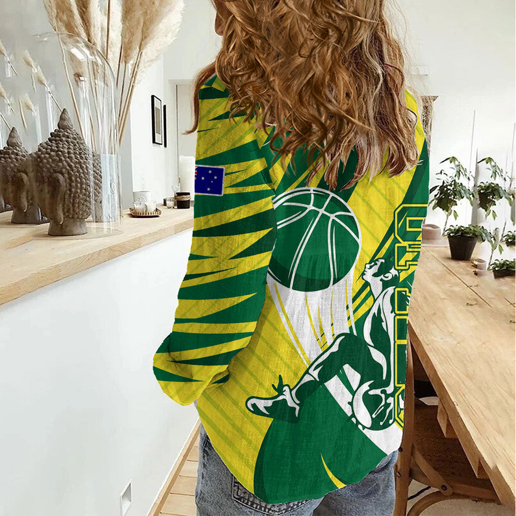 Australian Opals Basketball Women Casual Shirt Green and Gold Tribal Pattern Athletic Abstract Art