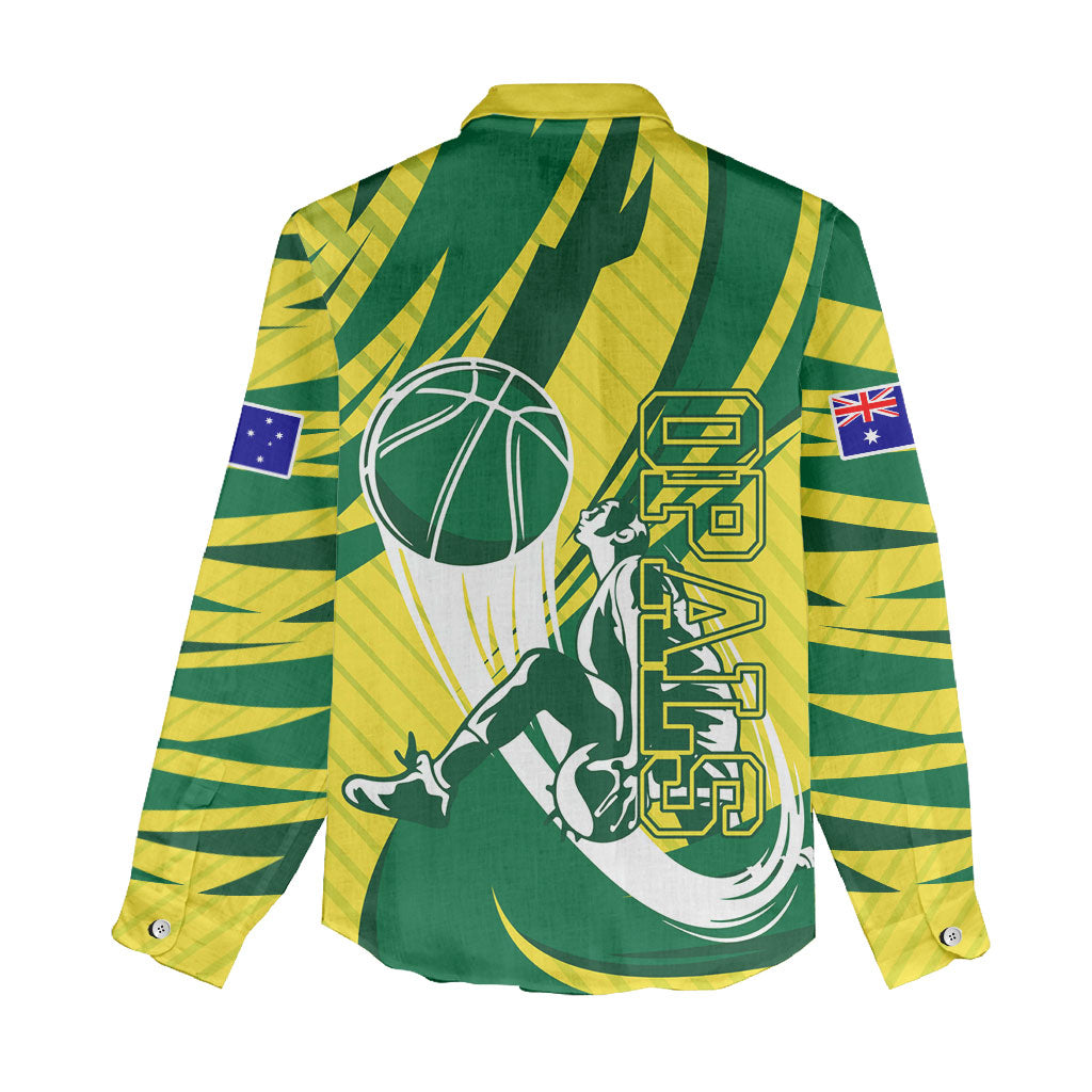 Australian Opals Basketball Women Casual Shirt Green and Gold Tribal Pattern Athletic Abstract Art