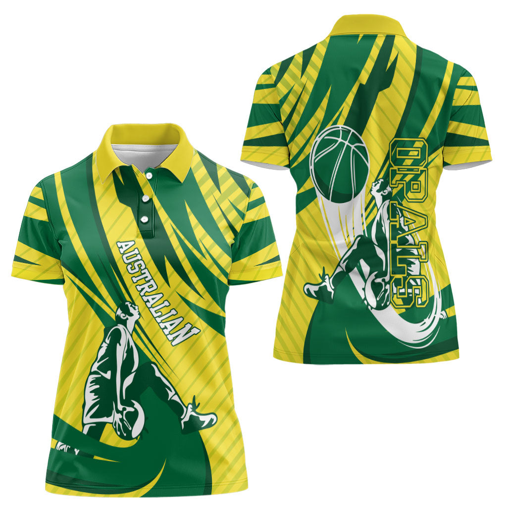 Australian Opals Basketball Women Polo Shirt Green and Gold Tribal Pattern Athletic Abstract Art