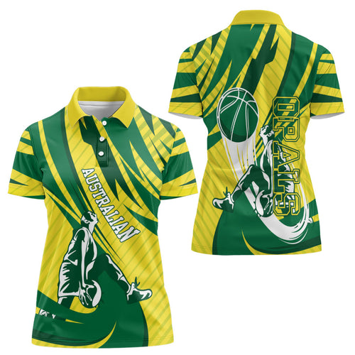 Australian Opals Basketball Women Polo Shirt Green and Gold Tribal Pattern Athletic Abstract Art