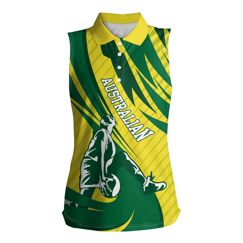 Australian Opals Basketball Women Sleeveless Polo Shirt Green and Gold Tribal Pattern Athletic Abstract Art