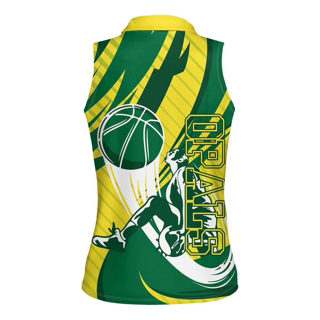 Australian Opals Basketball Women Sleeveless Polo Shirt Green and Gold Tribal Pattern Athletic Abstract Art