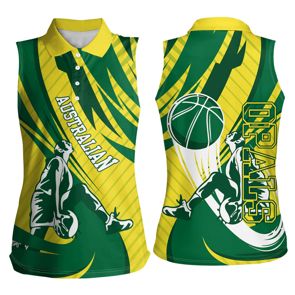 Australian Opals Basketball Women Sleeveless Polo Shirt Green and Gold Tribal Pattern Athletic Abstract Art