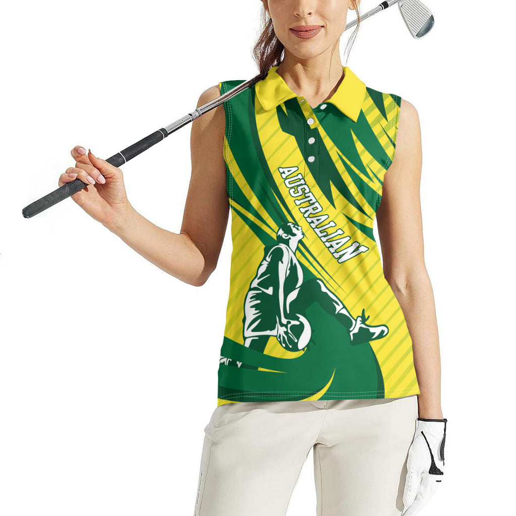 Australian Opals Basketball Women Sleeveless Polo Shirt Green and Gold Tribal Pattern Athletic Abstract Art