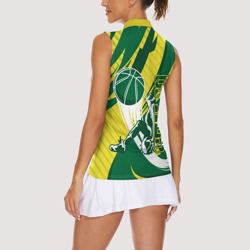 Australian Opals Basketball Women Sleeveless Polo Shirt Green and Gold Tribal Pattern Athletic Abstract Art