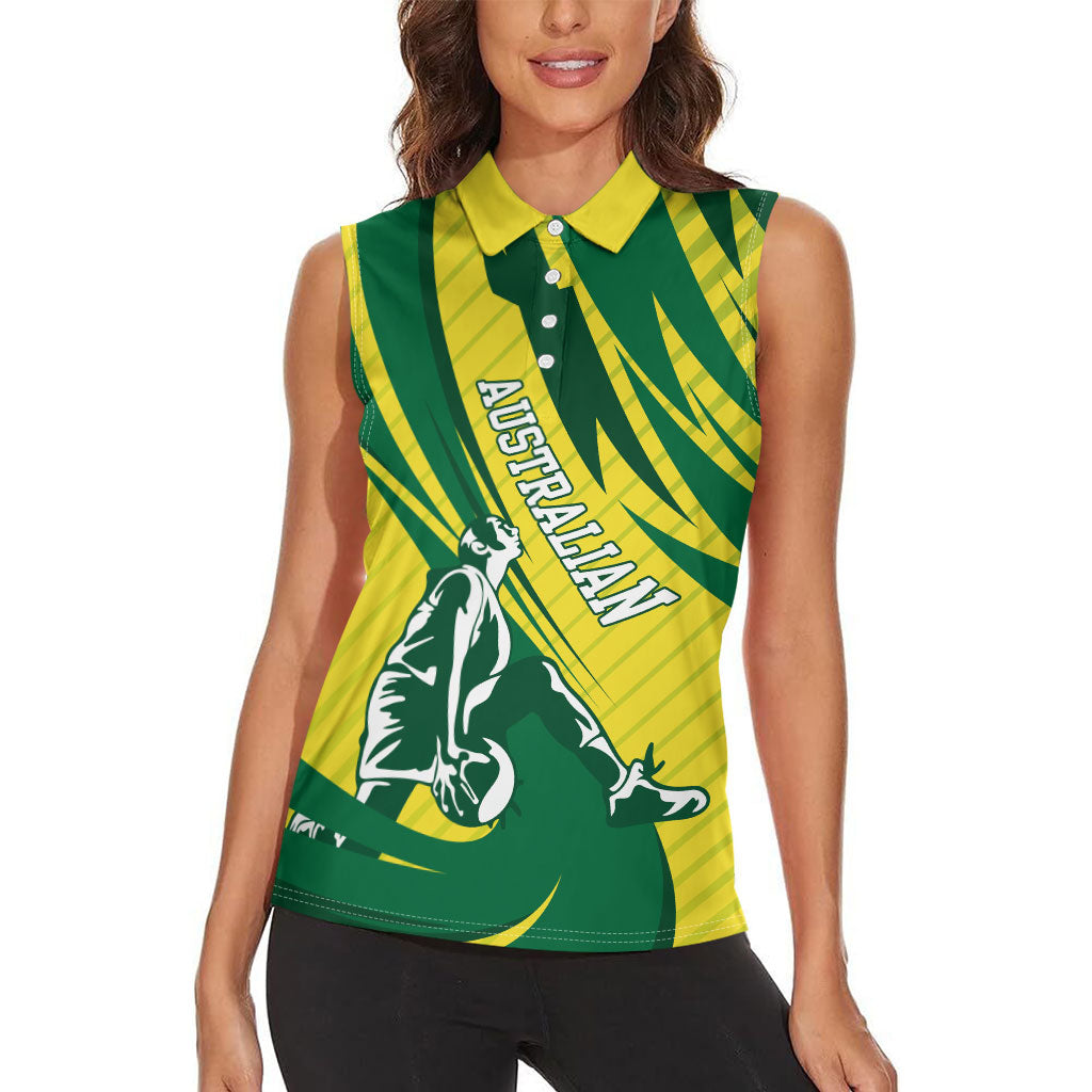 Australian Opals Basketball Women Sleeveless Polo Shirt Green and Gold Tribal Pattern Athletic Abstract Art