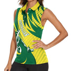 Australian Opals Basketball Women Sleeveless Polo Shirt Green and Gold Tribal Pattern Athletic Abstract Art