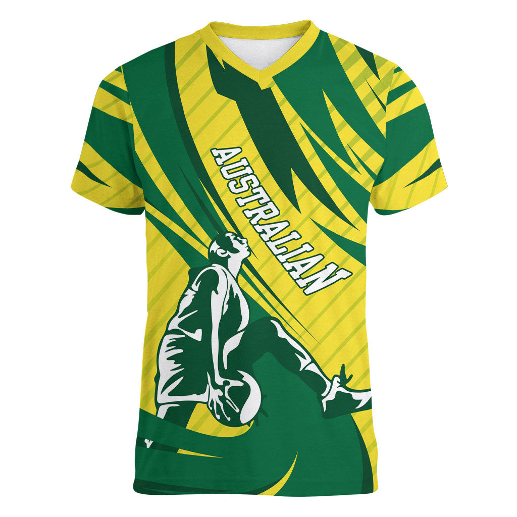 Australian Opals Basketball Women V-Neck T-Shirt Green and Gold Tribal Pattern Athletic Abstract Art