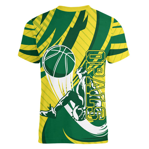 Australian Opals Basketball Women V-Neck T-Shirt Green and Gold Tribal Pattern Athletic Abstract Art