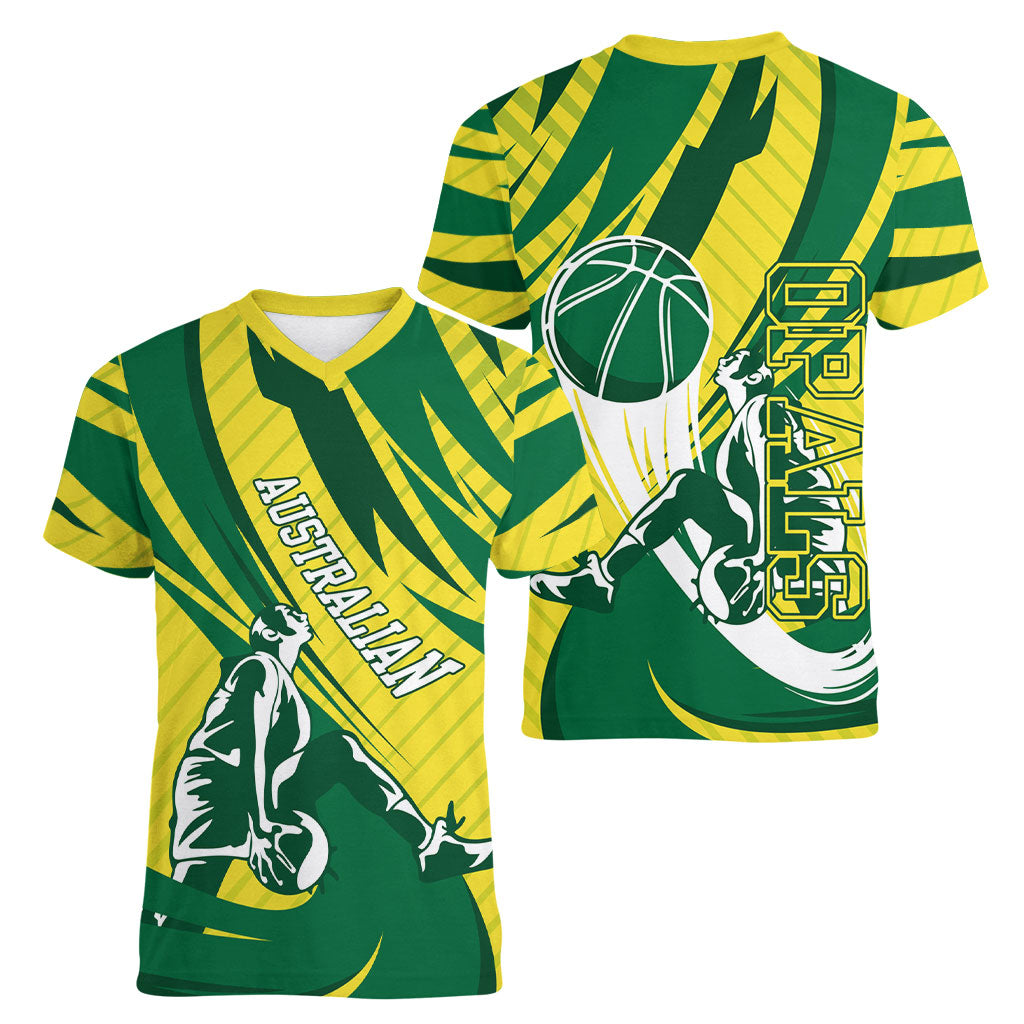 Australian Opals Basketball Women V-Neck T-Shirt Green and Gold Tribal Pattern Athletic Abstract Art