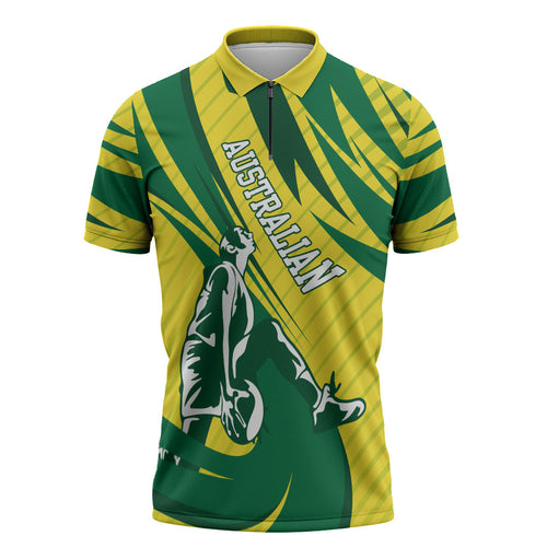 Australian Opals Basketball Zipper Polo Shirt Green and Gold Tribal Pattern Athletic Abstract Art