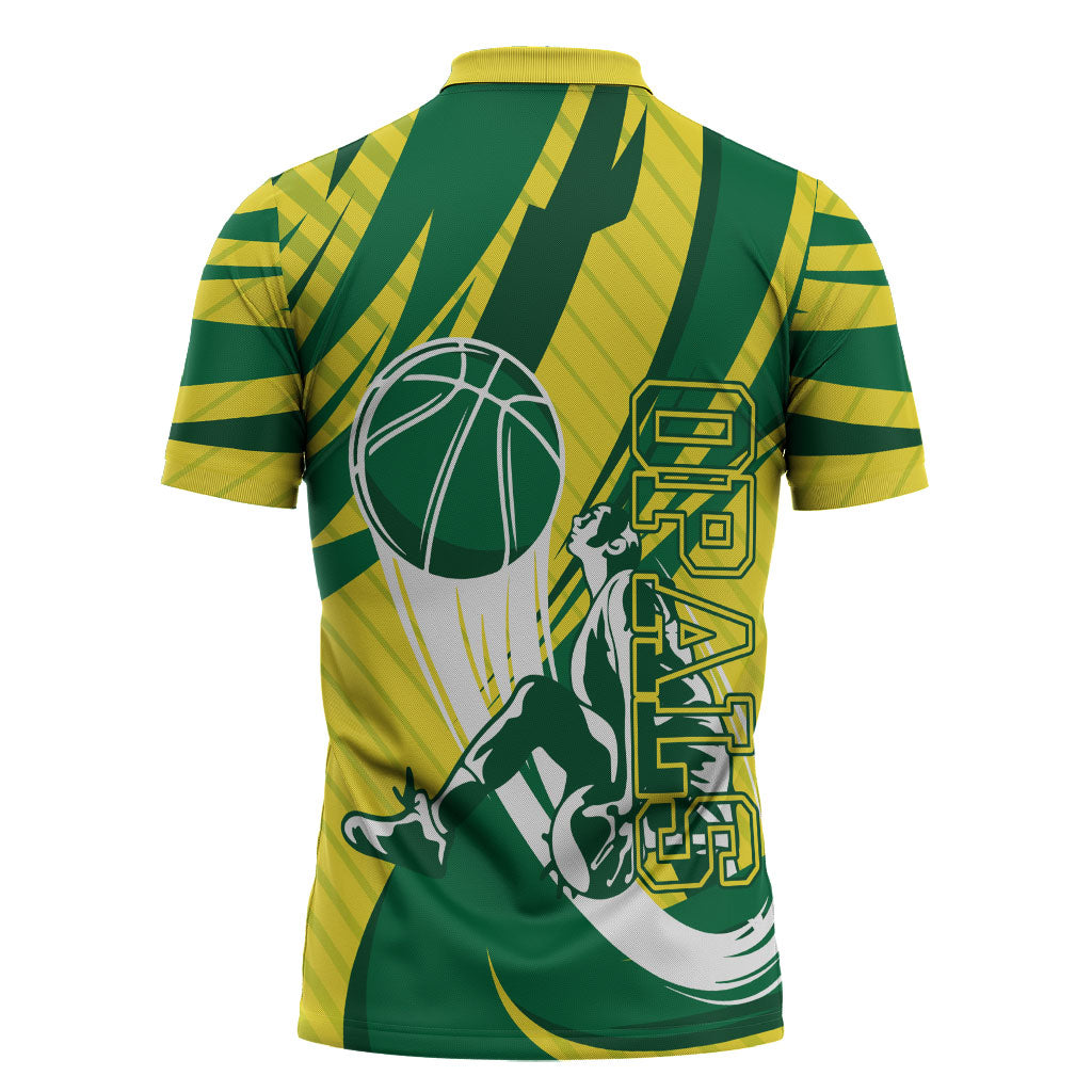Australian Opals Basketball Zipper Polo Shirt Green and Gold Tribal Pattern Athletic Abstract Art