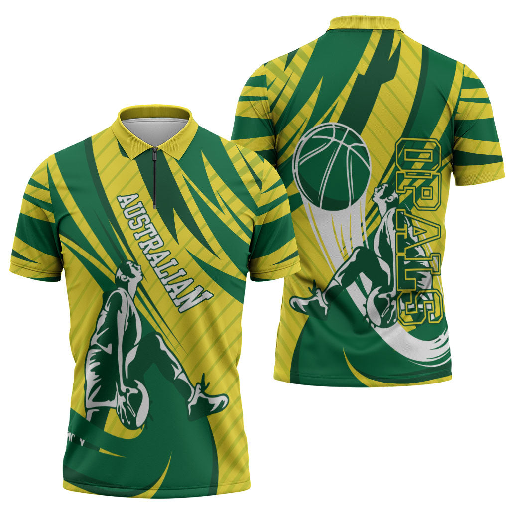 Australian Opals Basketball Zipper Polo Shirt Green and Gold Tribal Pattern Athletic Abstract Art