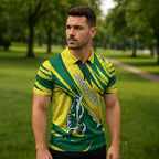 Australian Opals Basketball Zipper Polo Shirt Green and Gold Tribal Pattern Athletic Abstract Art