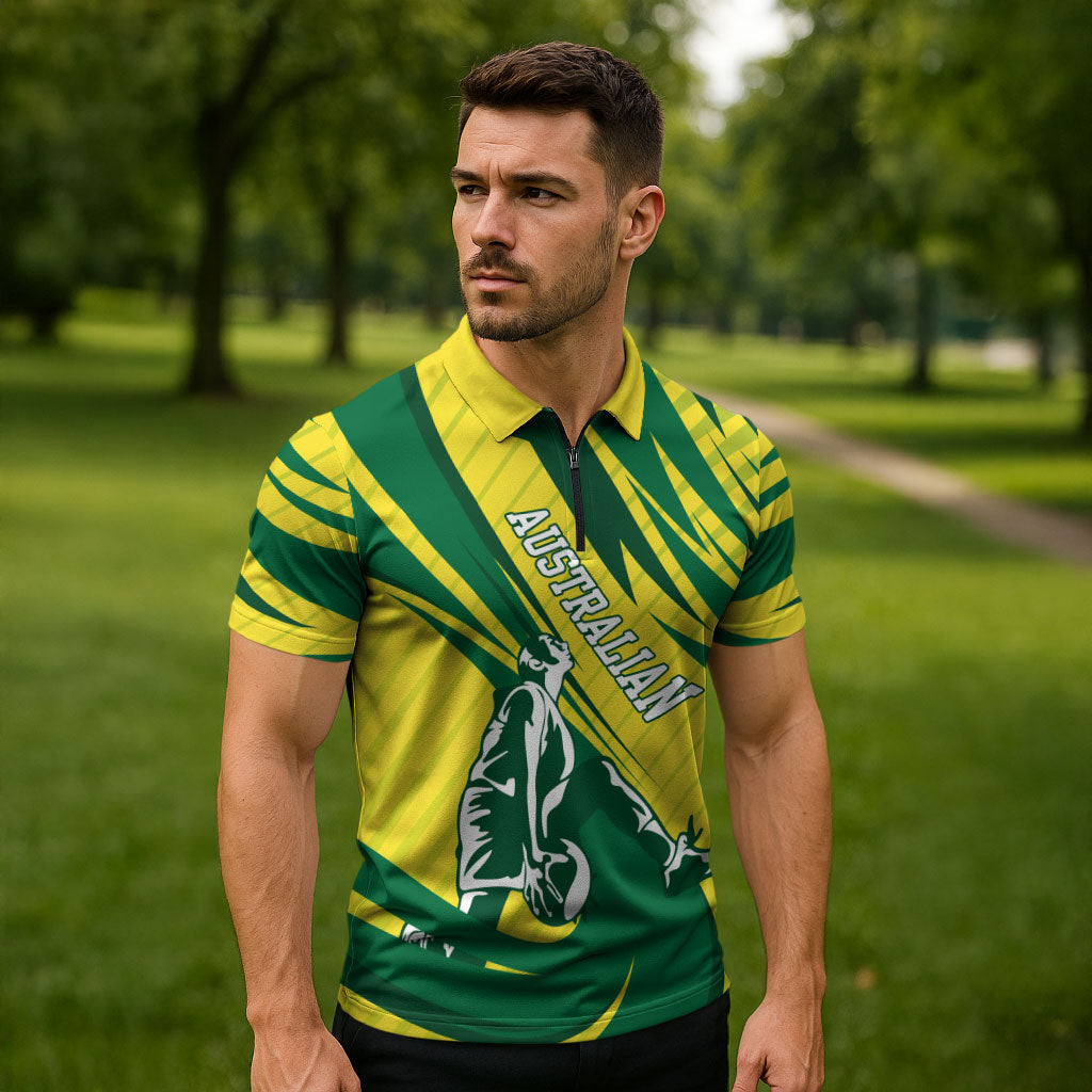 Australian Opals Basketball Zipper Polo Shirt Green and Gold Tribal Pattern Athletic Abstract Art