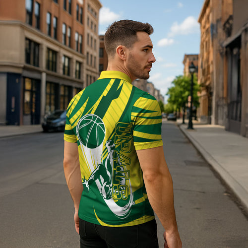 Australian Opals Basketball Zipper Polo Shirt Green and Gold Tribal Pattern Athletic Abstract Art