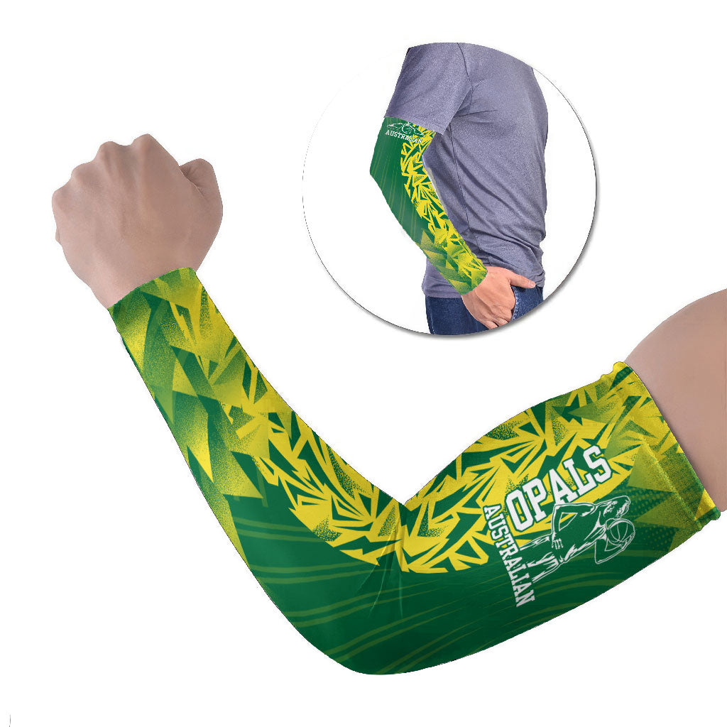 Australian Opals Basketball Arm Sleeves Geometric Tribal Pattern In Green And Gold Athletic Art