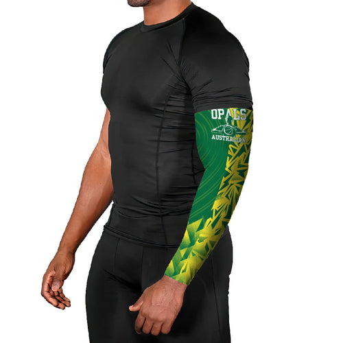 Australian Opals Basketball Arm Sleeves Geometric Tribal Pattern In Green And Gold Athletic Art