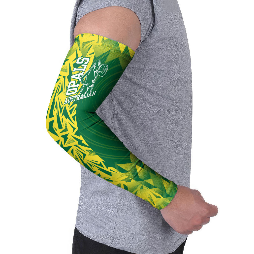 Australian Opals Basketball Arm Sleeves Geometric Tribal Pattern In Green And Gold Athletic Art