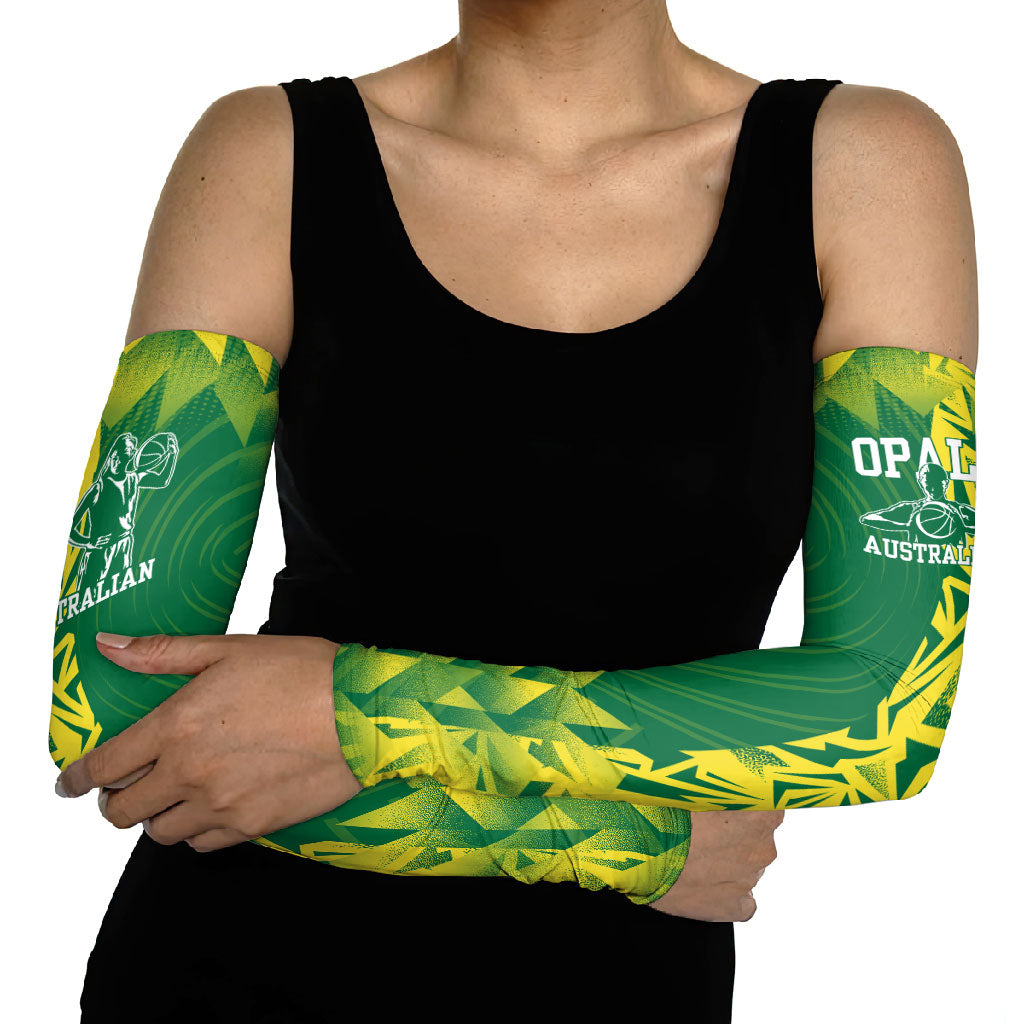 Australian Opals Basketball Arm Sleeves Geometric Tribal Pattern In Green And Gold Athletic Art