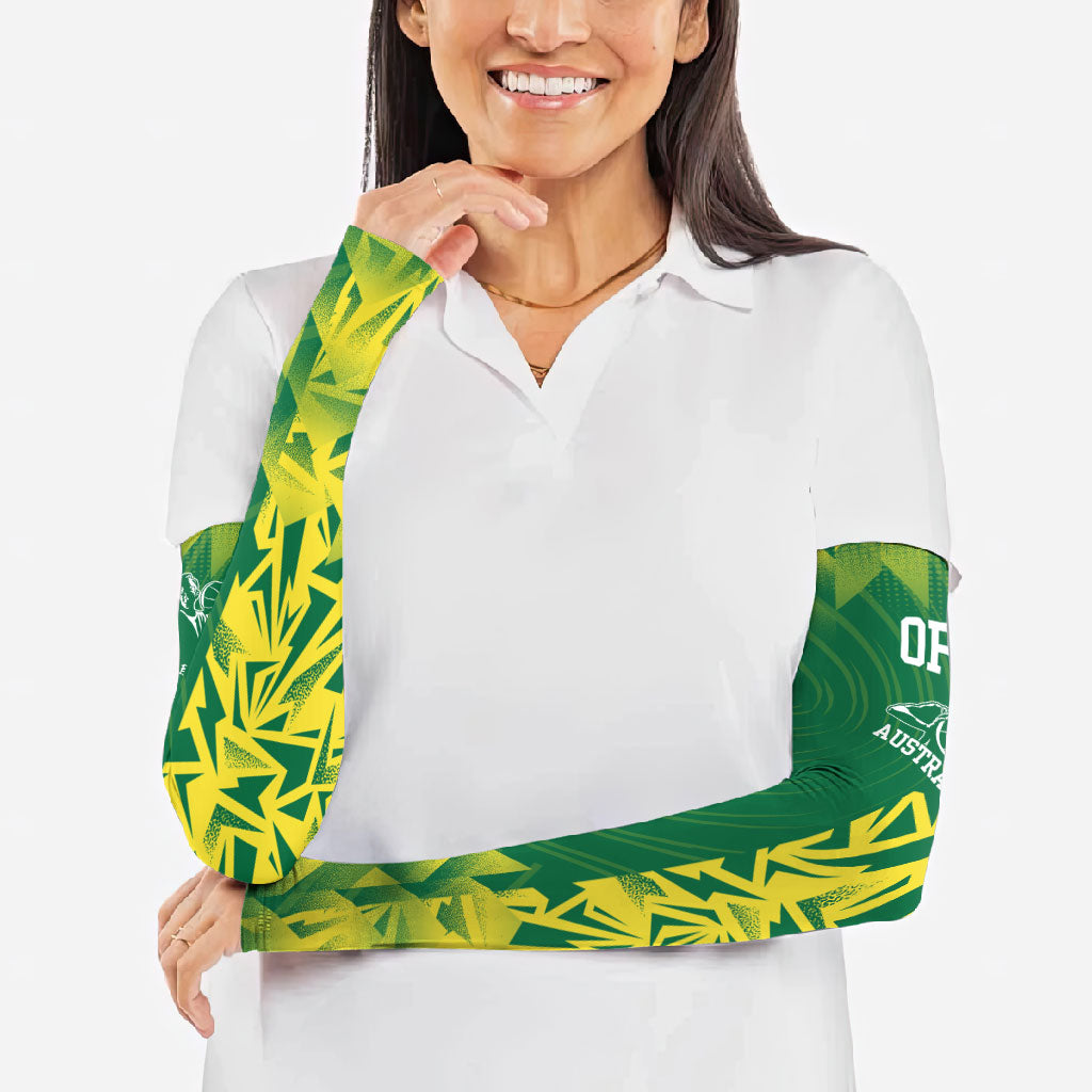 Australian Opals Basketball Arm Sleeves Geometric Tribal Pattern In Green And Gold Athletic Art