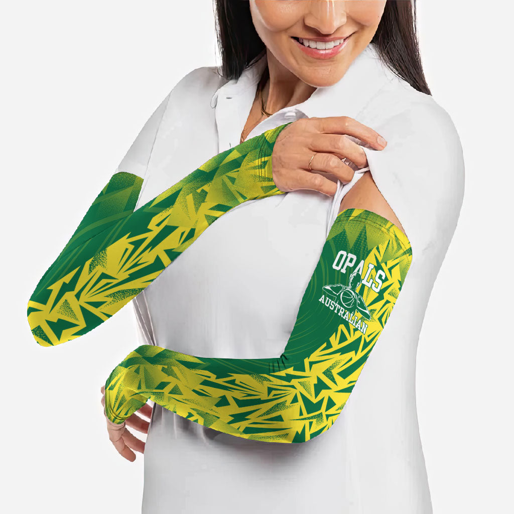 Australian Opals Basketball Arm Sleeves Geometric Tribal Pattern In Green And Gold Athletic Art