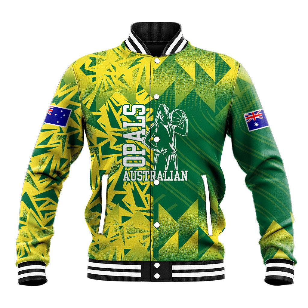 Australian Opals Basketball Baseball Jacket Geometric Tribal Pattern In Green And Gold Athletic Art
