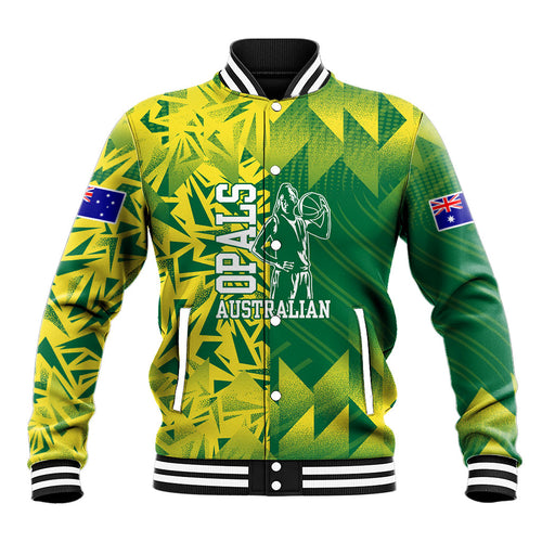 Australian Opals Basketball Baseball Jacket Geometric Tribal Pattern In Green And Gold Athletic Art