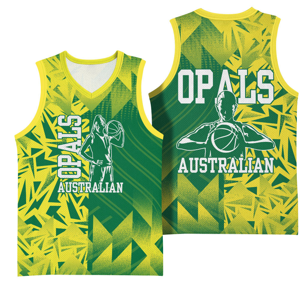 Australian Opals Basketball Basketball Jersey Geometric Tribal Pattern In Green And Gold Athletic Art