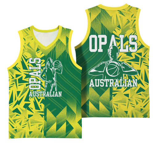 Australian Opals Basketball Basketball Jersey Geometric Tribal Pattern In Green And Gold Athletic Art