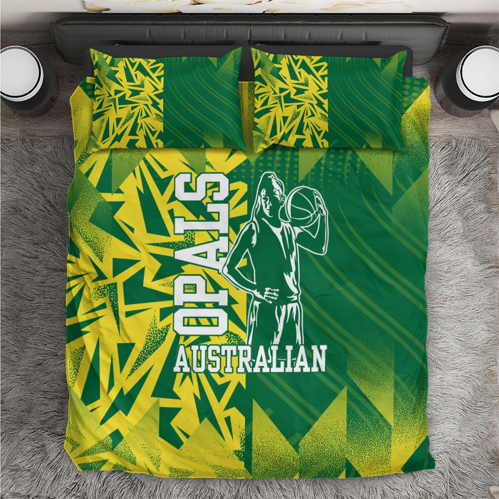 Australian Opals Basketball Bedding Set Geometric Tribal Pattern In Green And Gold Athletic Art