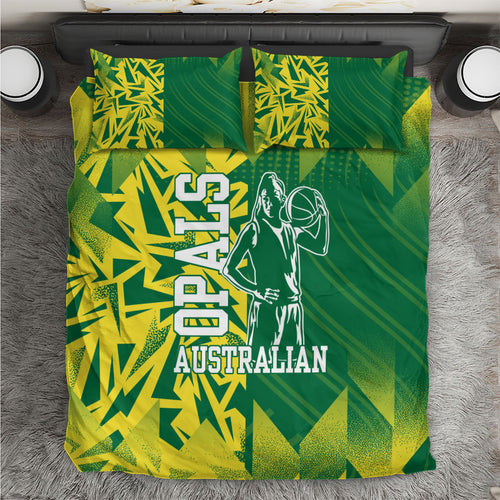 Australian Opals Basketball Bedding Set Geometric Tribal Pattern In Green And Gold Athletic Art